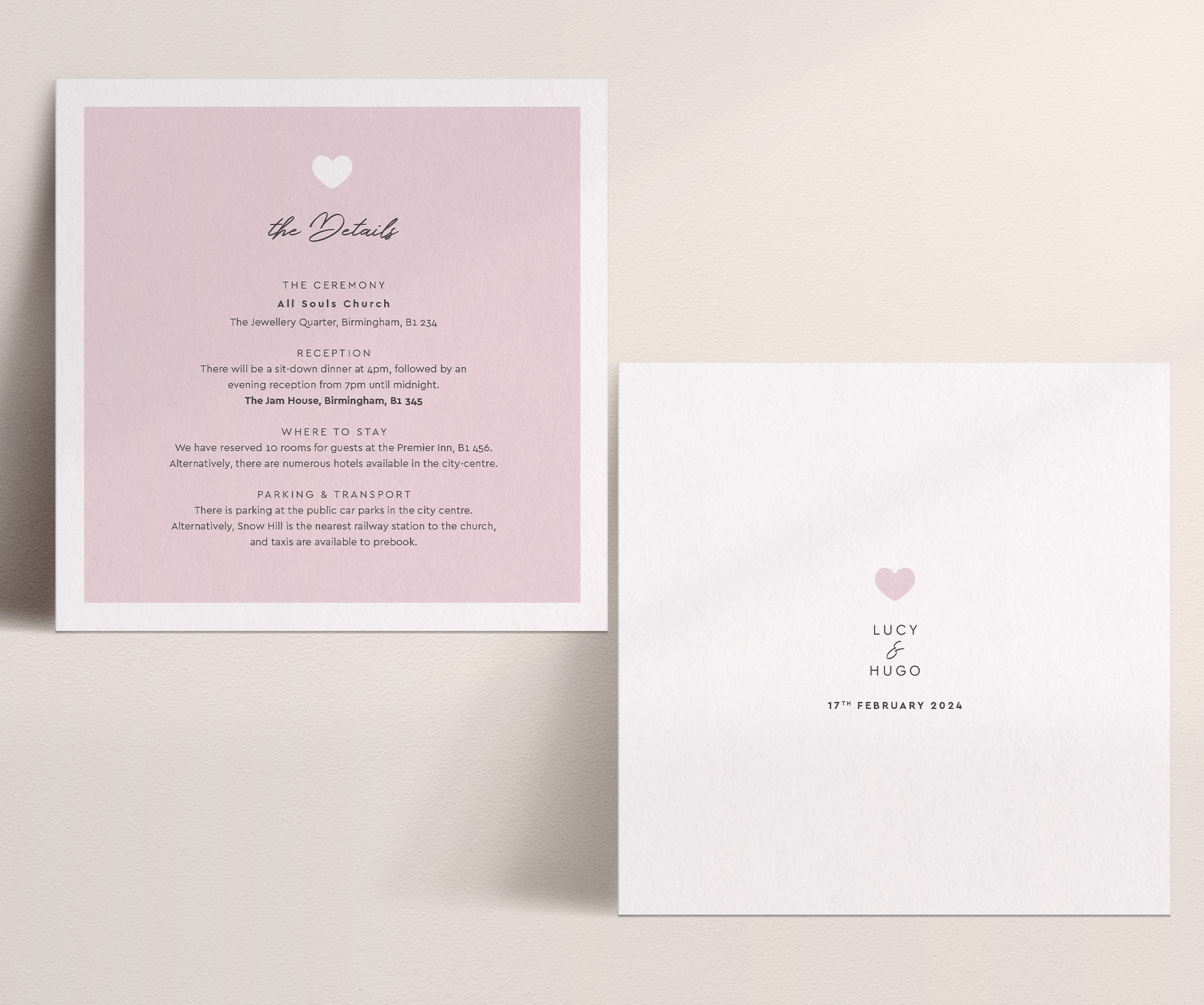 Modern Romance - Pretty in Pink - Wedding Information Card with Bordered Front in Pink, Plain Reverse