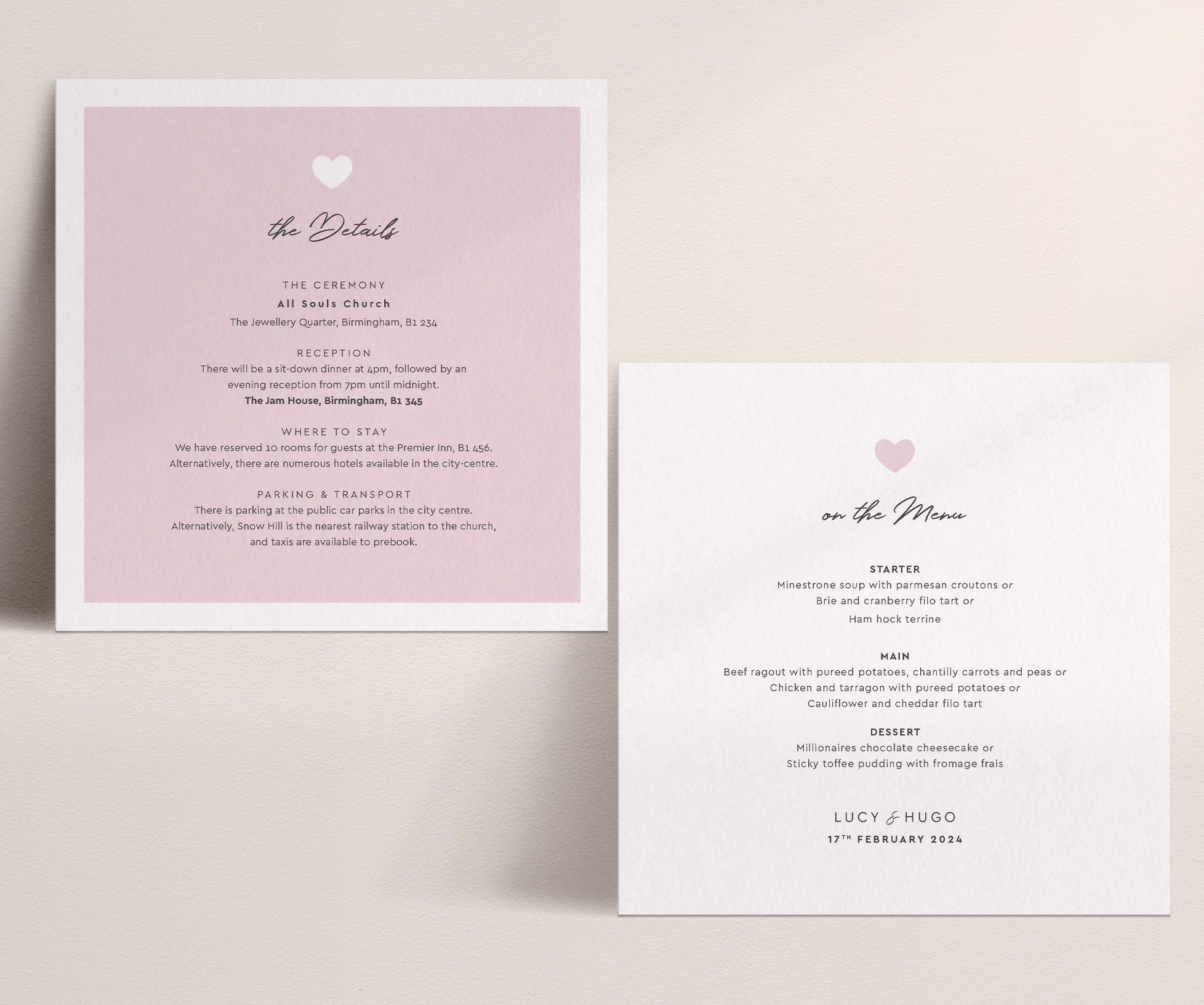 Modern Romance - Pretty in Pink - Wedding Information Card with Bordered Front in Pink, Menu Reverse