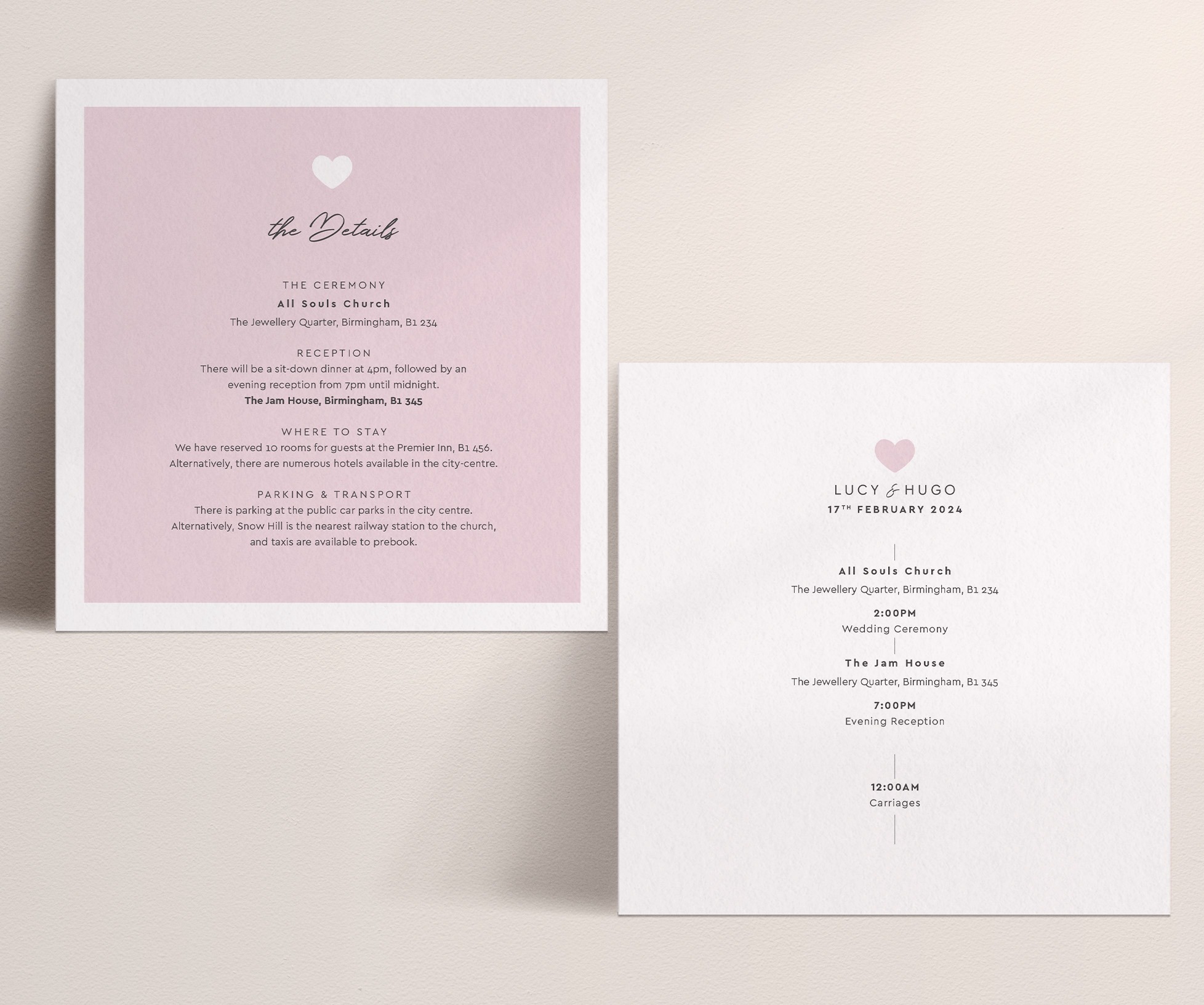 Modern Romance - Pretty in Pink - Wedding Information Card with Bordered Front in Pink, Order of Day Reverse