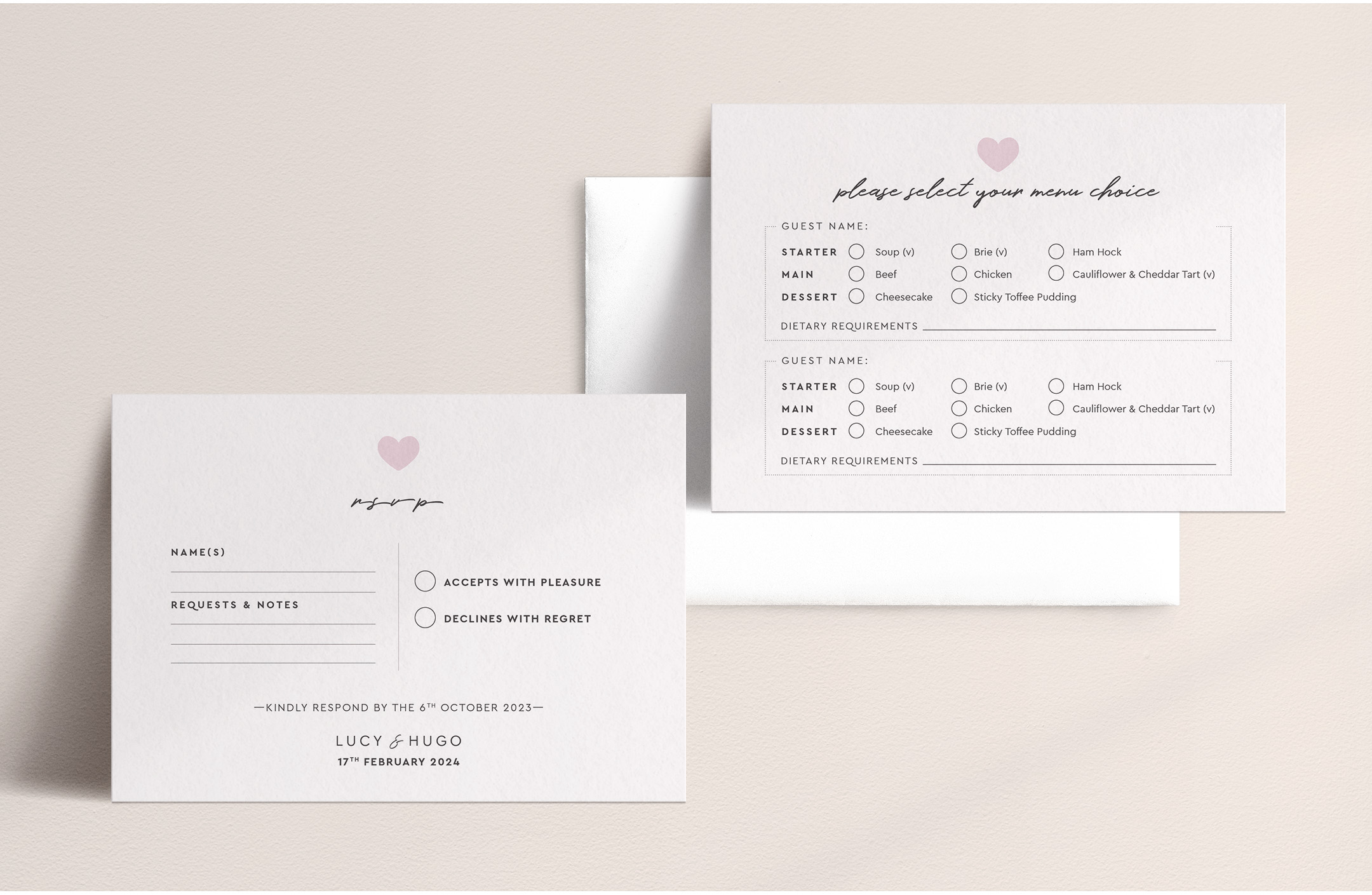Modern Romance - Pretty in Pink - RSVP Card - Menu Choice Reverse