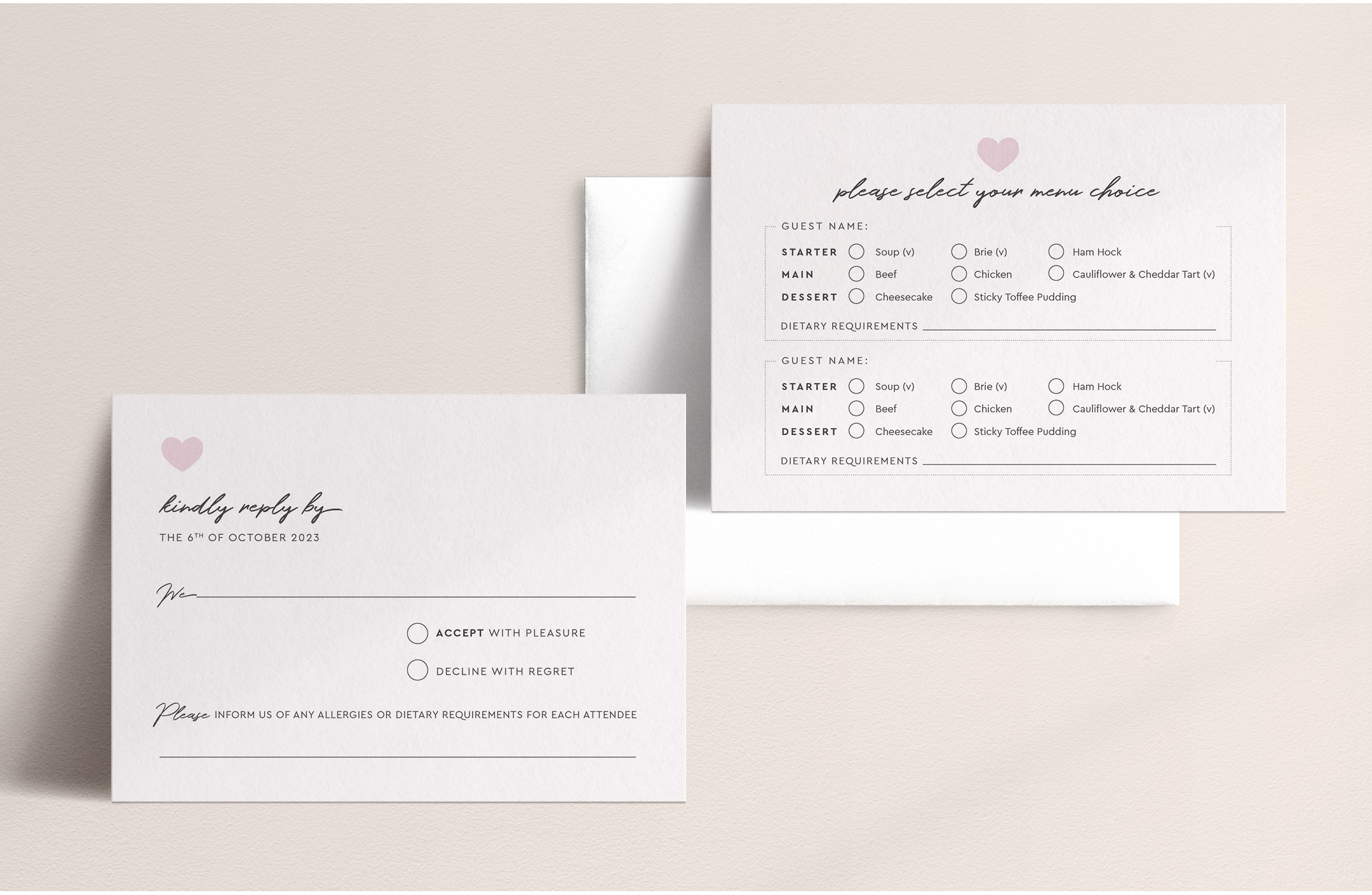 Modern Romance - Pretty in Pink - RSVP Card - Menu Choice Reverse
