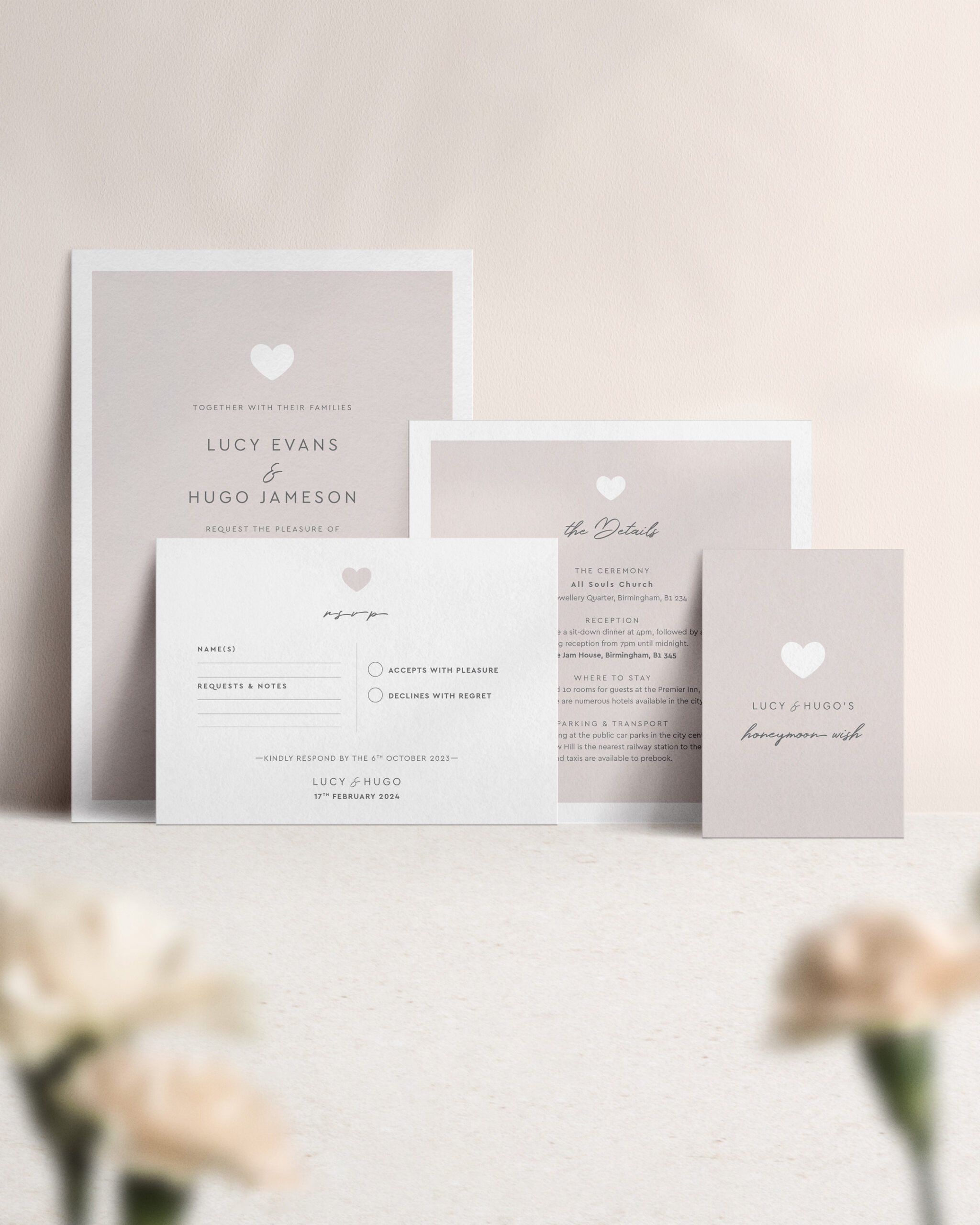 Modern Romance - Putty - Wedding Invitation Suite with RSVP and Honeymoon Wish
