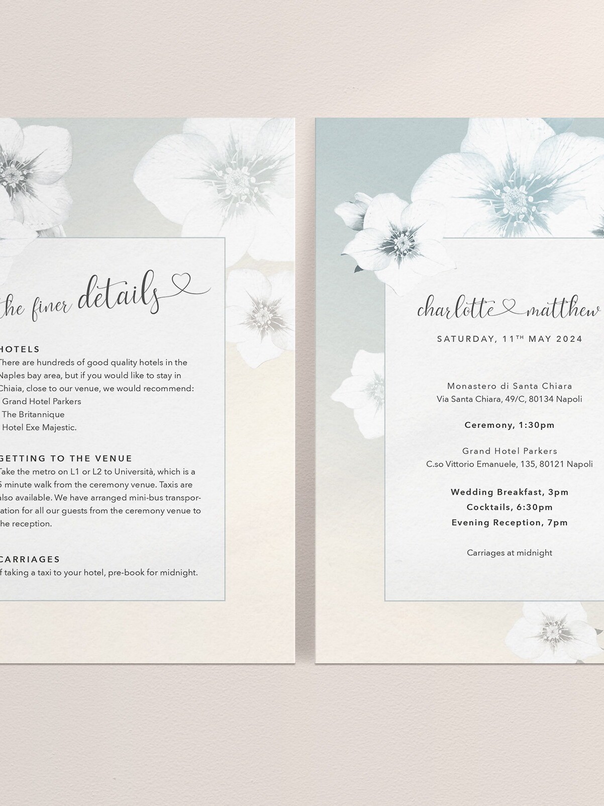 Napoli in Morning Mist - Wedding Information Card - Order of Events Reverse