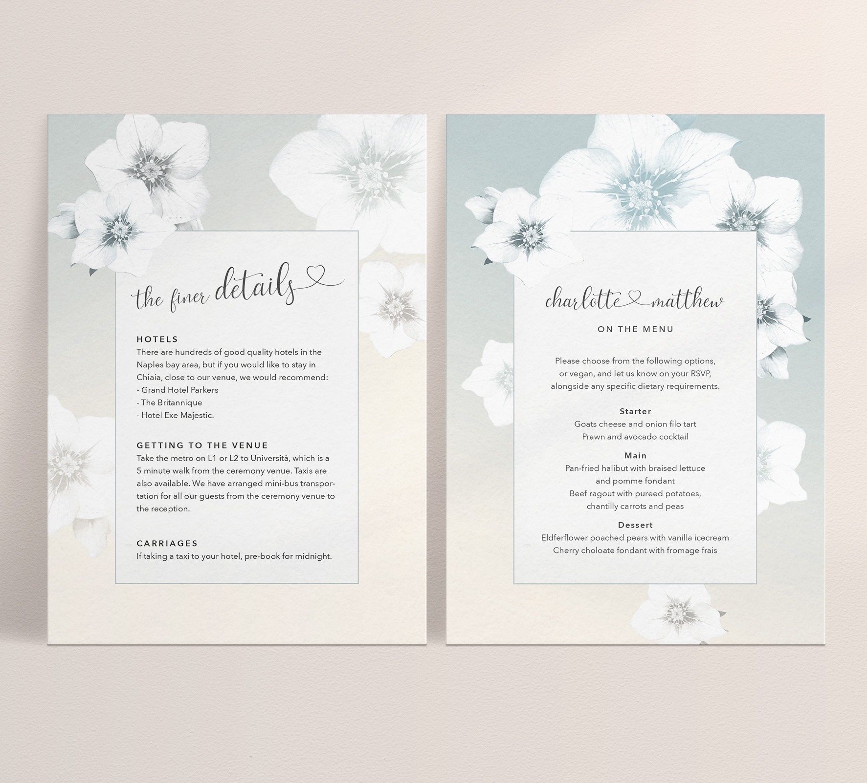 Napoli in Morning Mist - Wedding Information Card - Wedding Menu Reverse