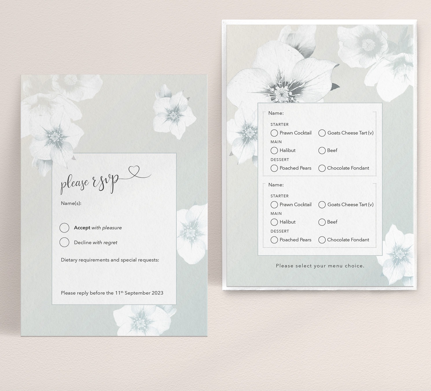 Napoli in Morning Mist - Wedding RSVP Card - Menu Choices Reverse