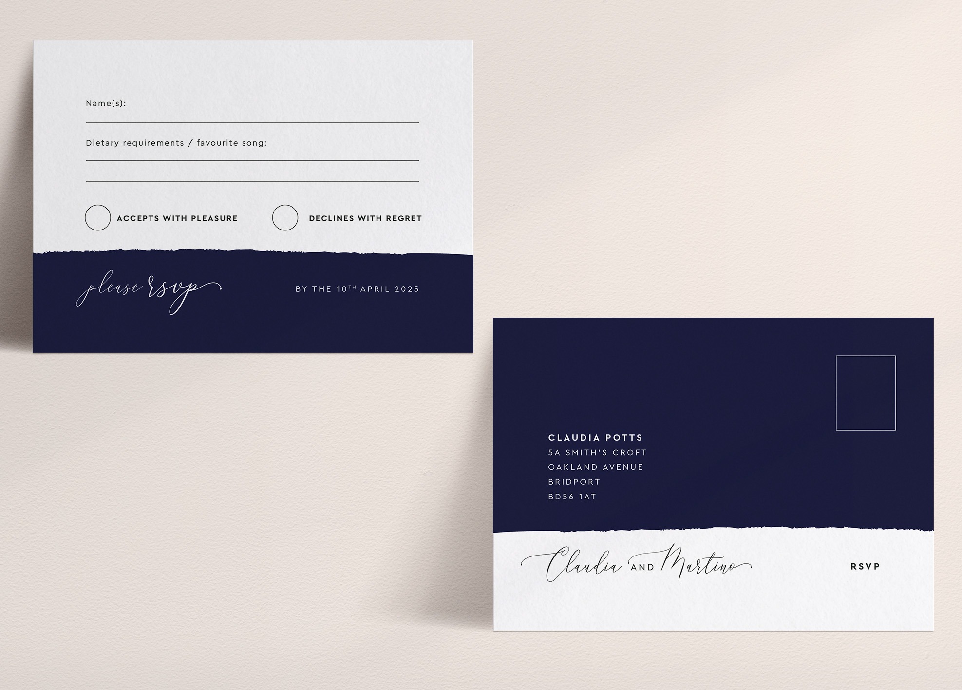Simplicity Stripe in Midnight - Wedding RSVP Postcard