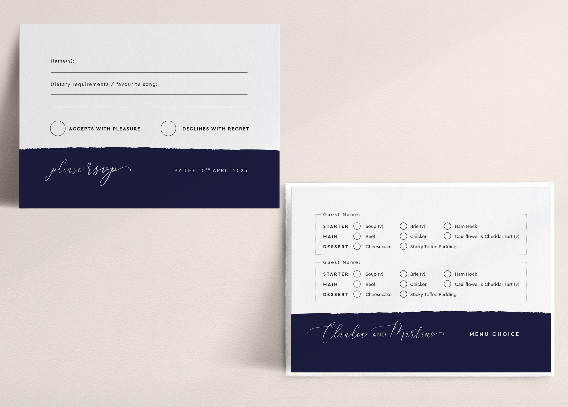 Simplicity Stripe in Midnight - Wedding RSVP Card with Menu Choice Form
