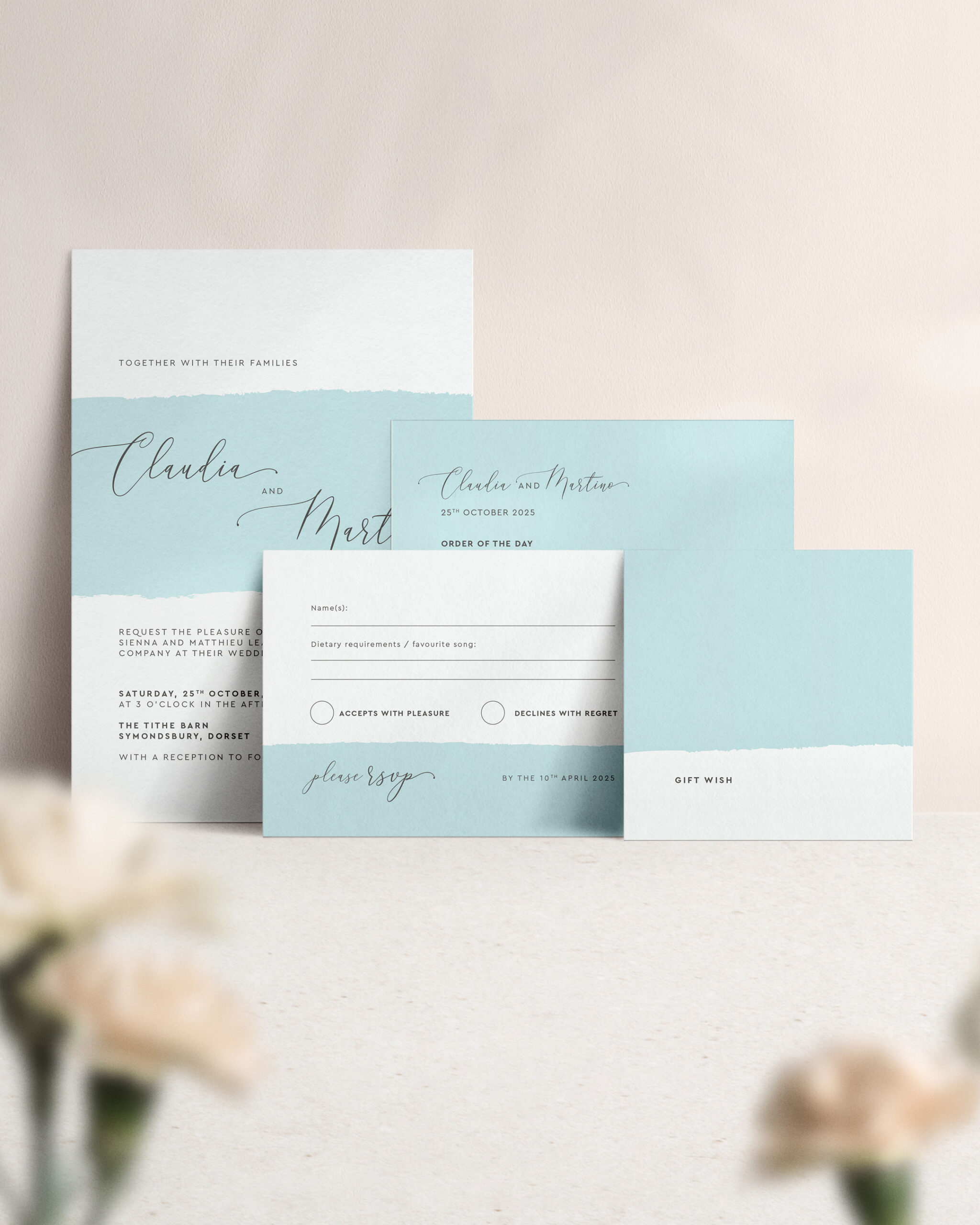 Simplicity Stripe in Aqua - Wedding Invitation Suite with Enclosures