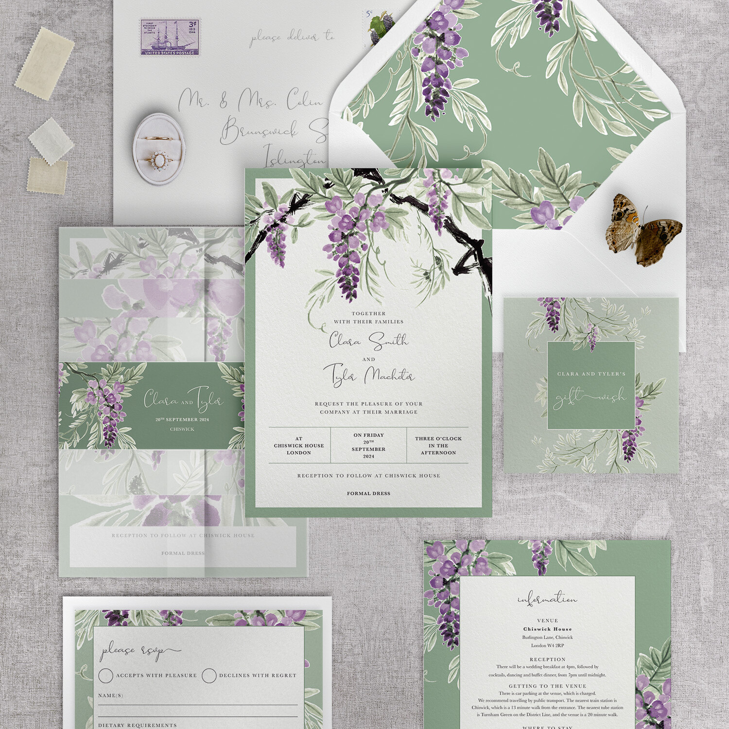 Wisteria Falls - Garden Green - Wedding Invitation Suite