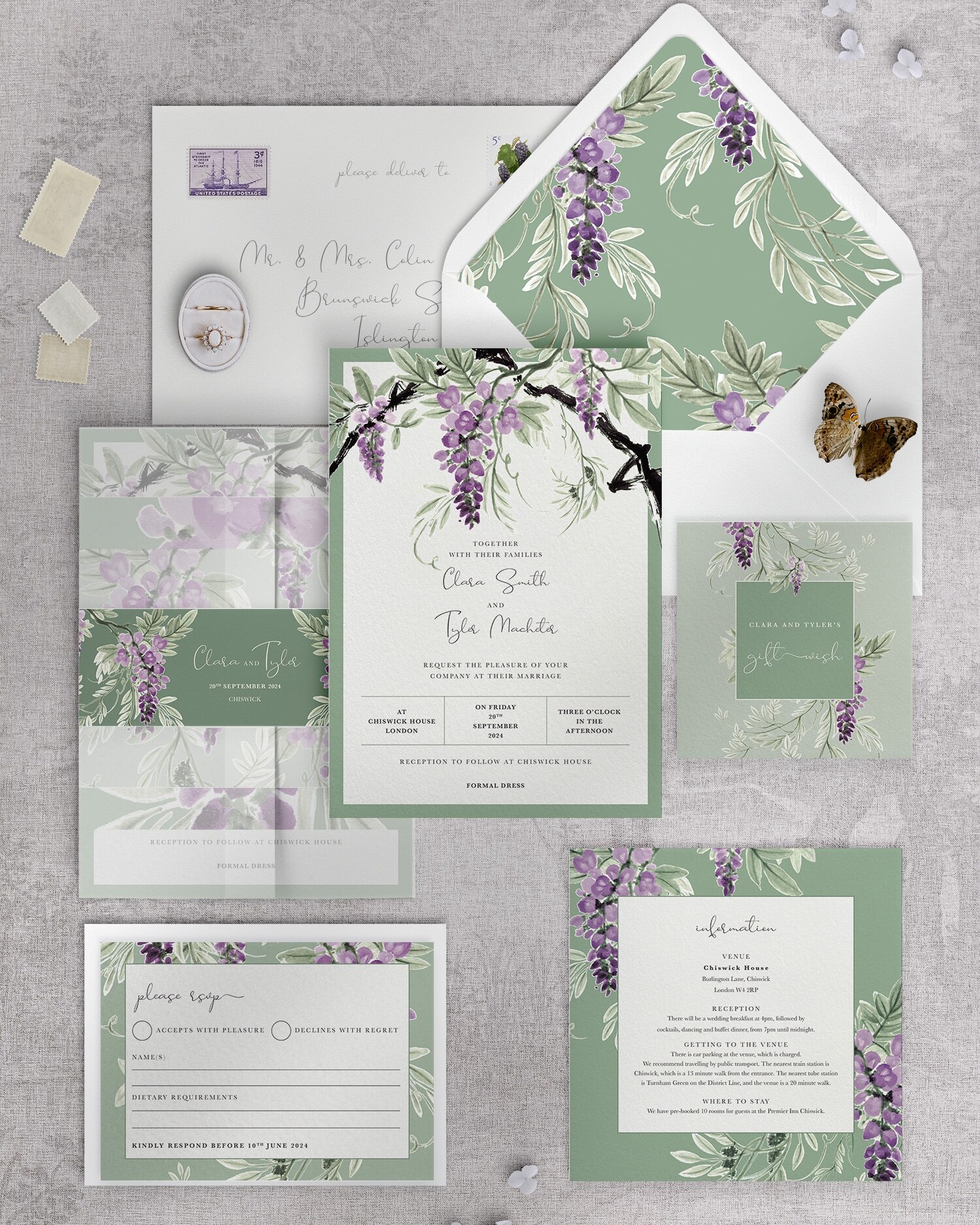 Wisteria Falls - Garden Green - Wedding Invitation Suite