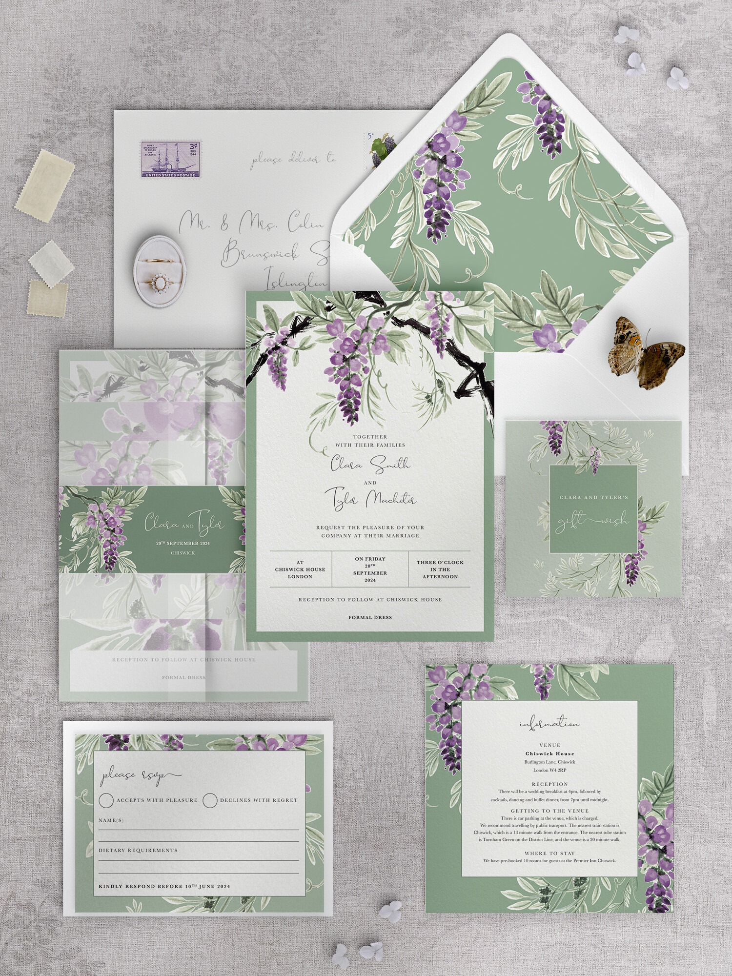 Wisteria Falls - Garden Green - Wedding Invitation Suite