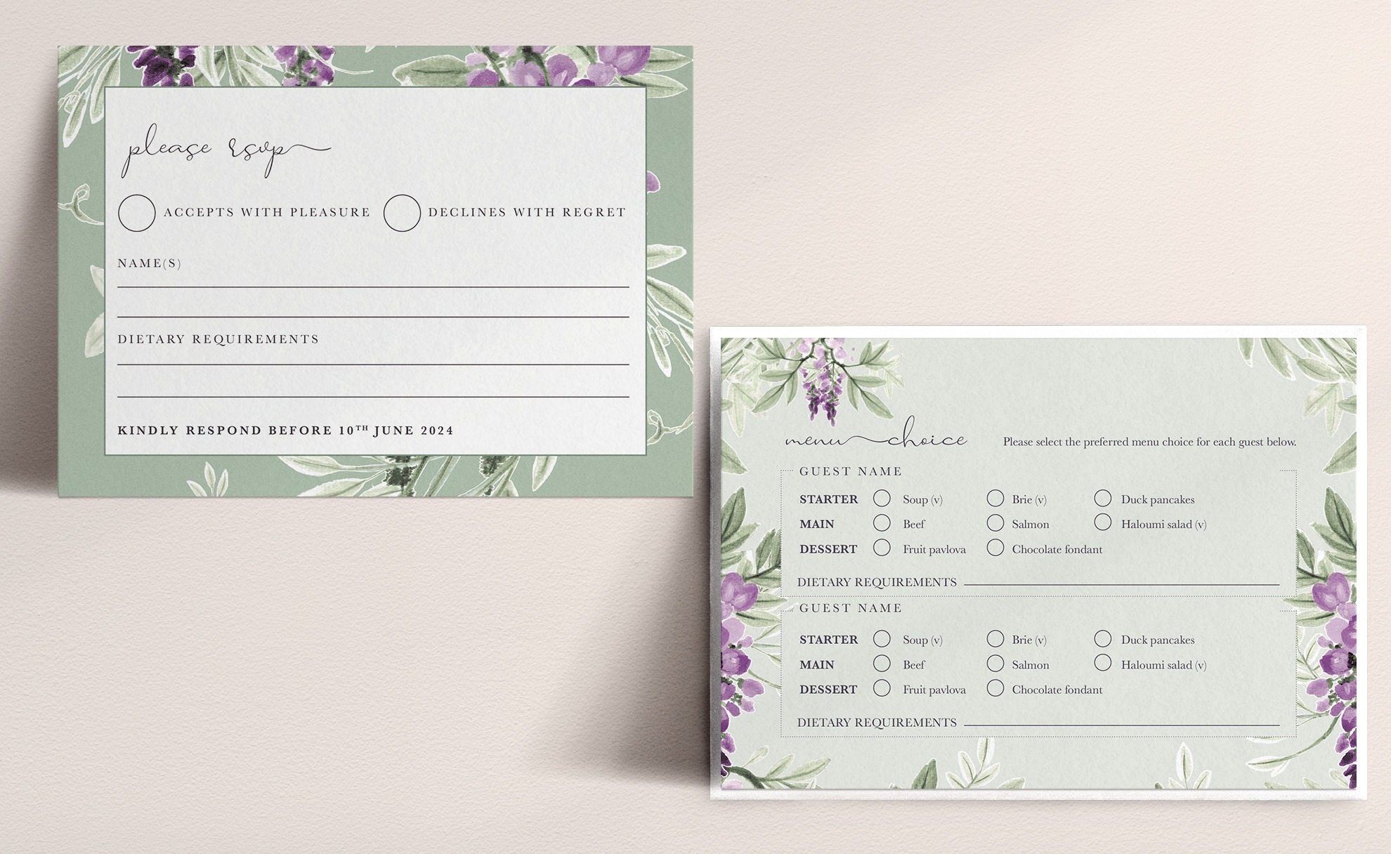 Wisteria Falls - RSVP Card - Garden Green - Menu Choice Reverse