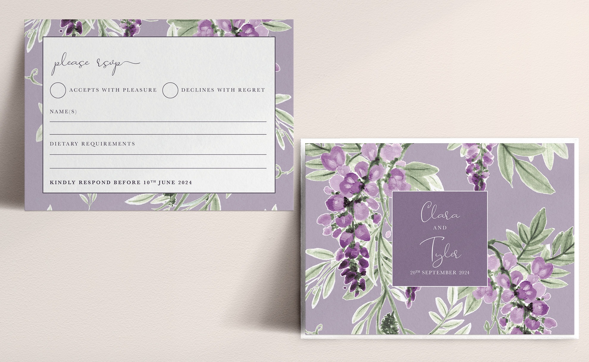 Wisteria Falls - RSVP Card - Lilac and Plum - Wisteria Reverse