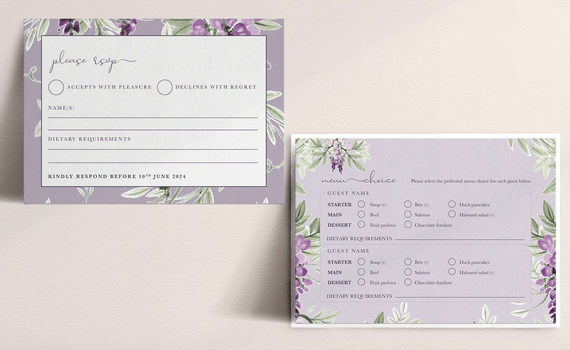 Wisteria Falls - RSVP Card - Lilac and Plum - Menu Choice Reverse