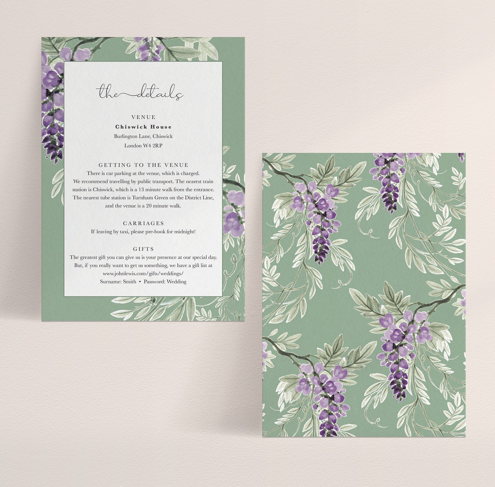 Wisteria Falls A6 Wedding Information Card in Garden Green - No Badge