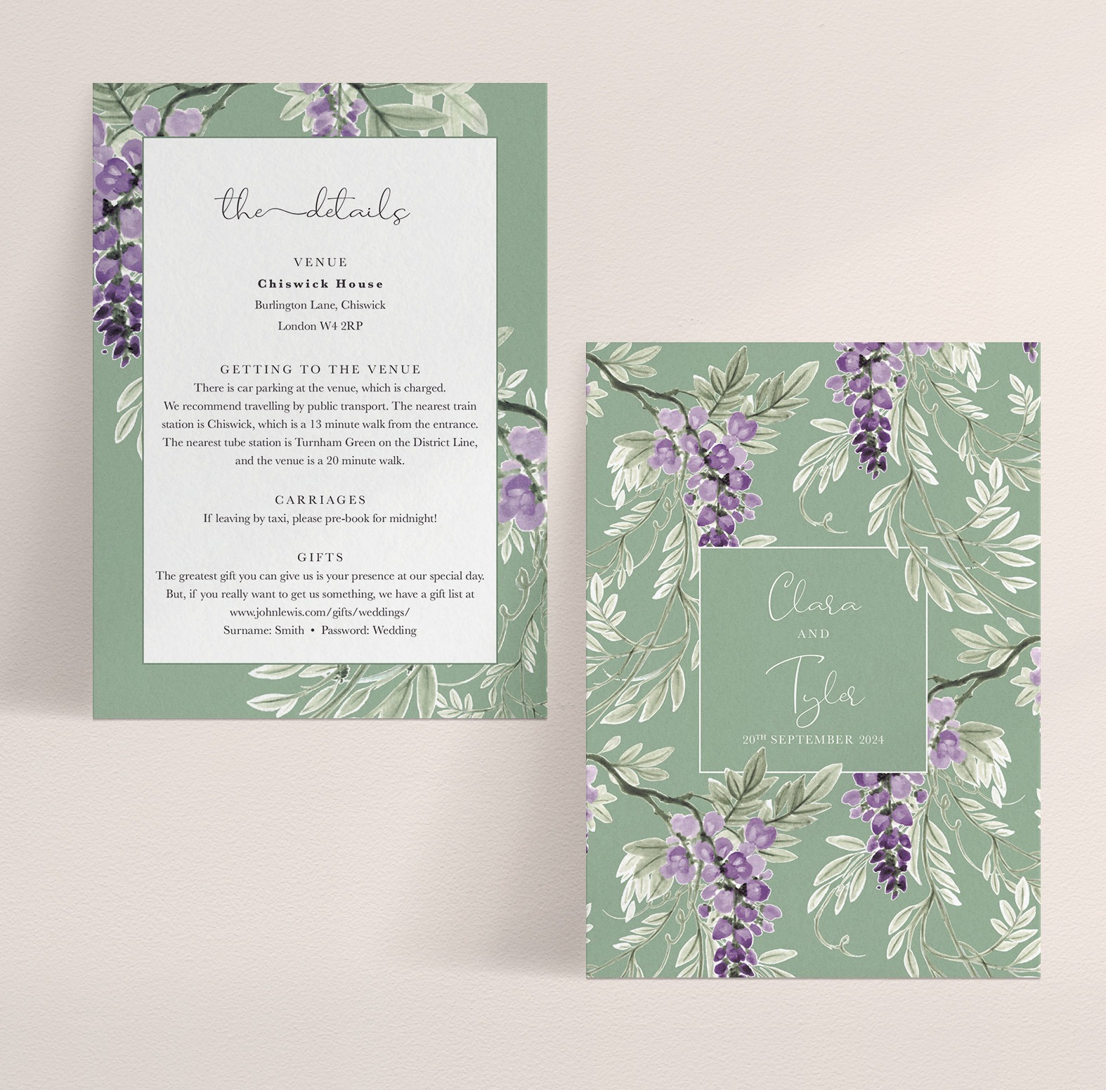 Wisteria Falls A6 Wedding Information Card in Garden Green - With Badge