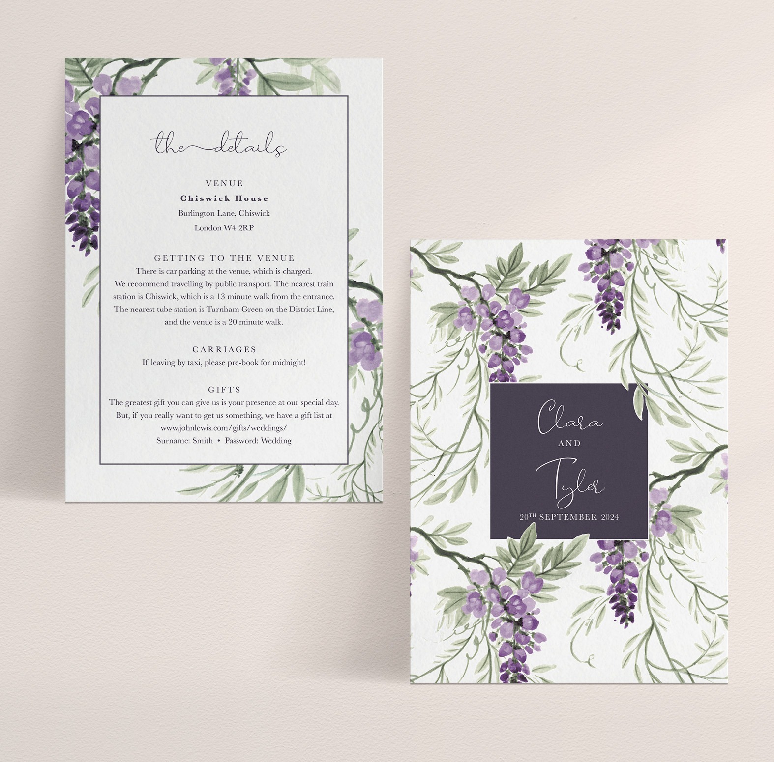 Wisteria Falls A6 Wedding Information Card in Morning Light - With Badge