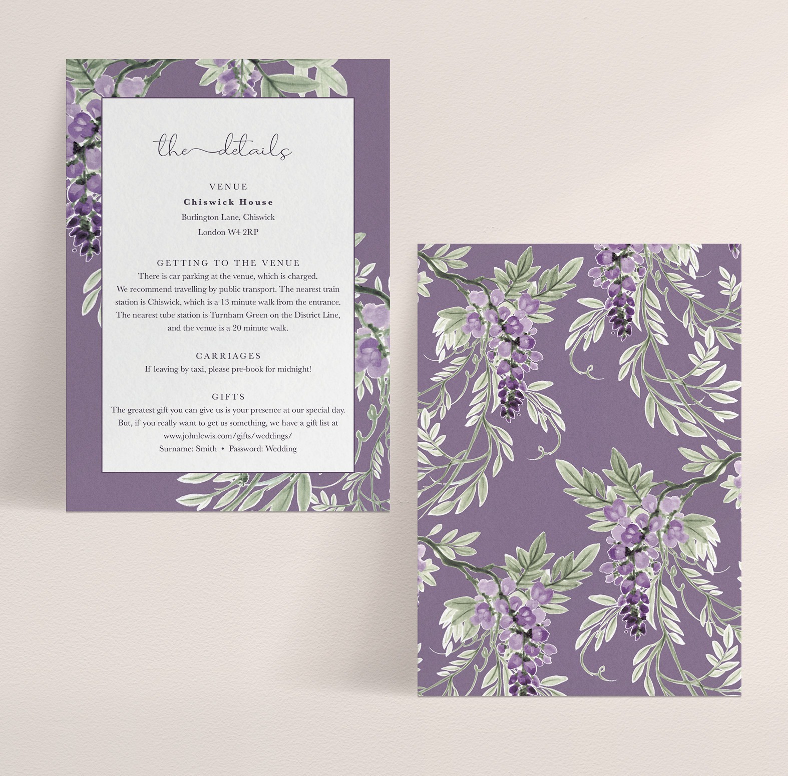 Wisteria Falls A6 Wedding Information Card in Lilac & Plum - No Badge