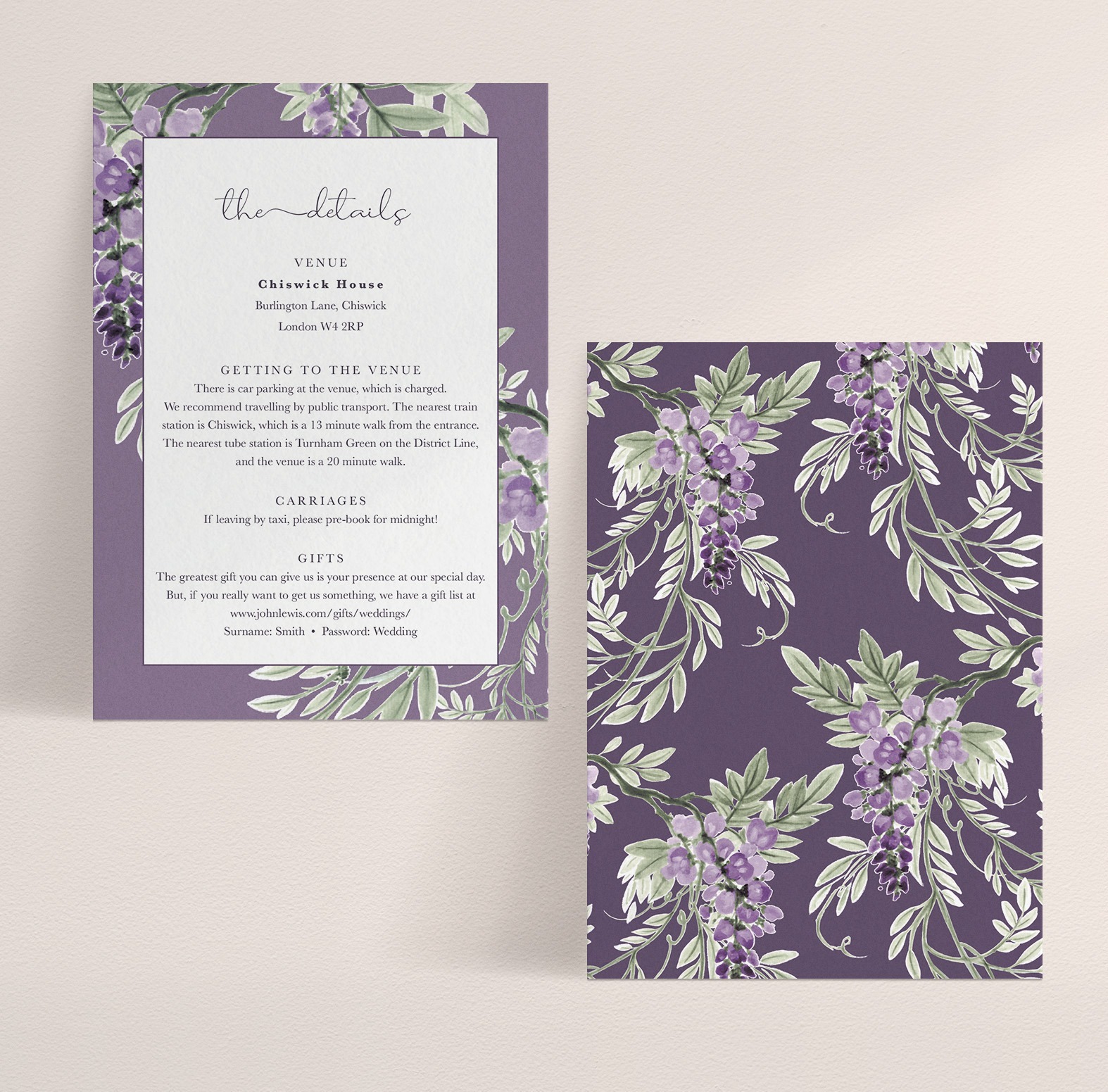 Wisteria Falls A6 Wedding Information Card in Lilac & Plum - No Badge - Darker Plum