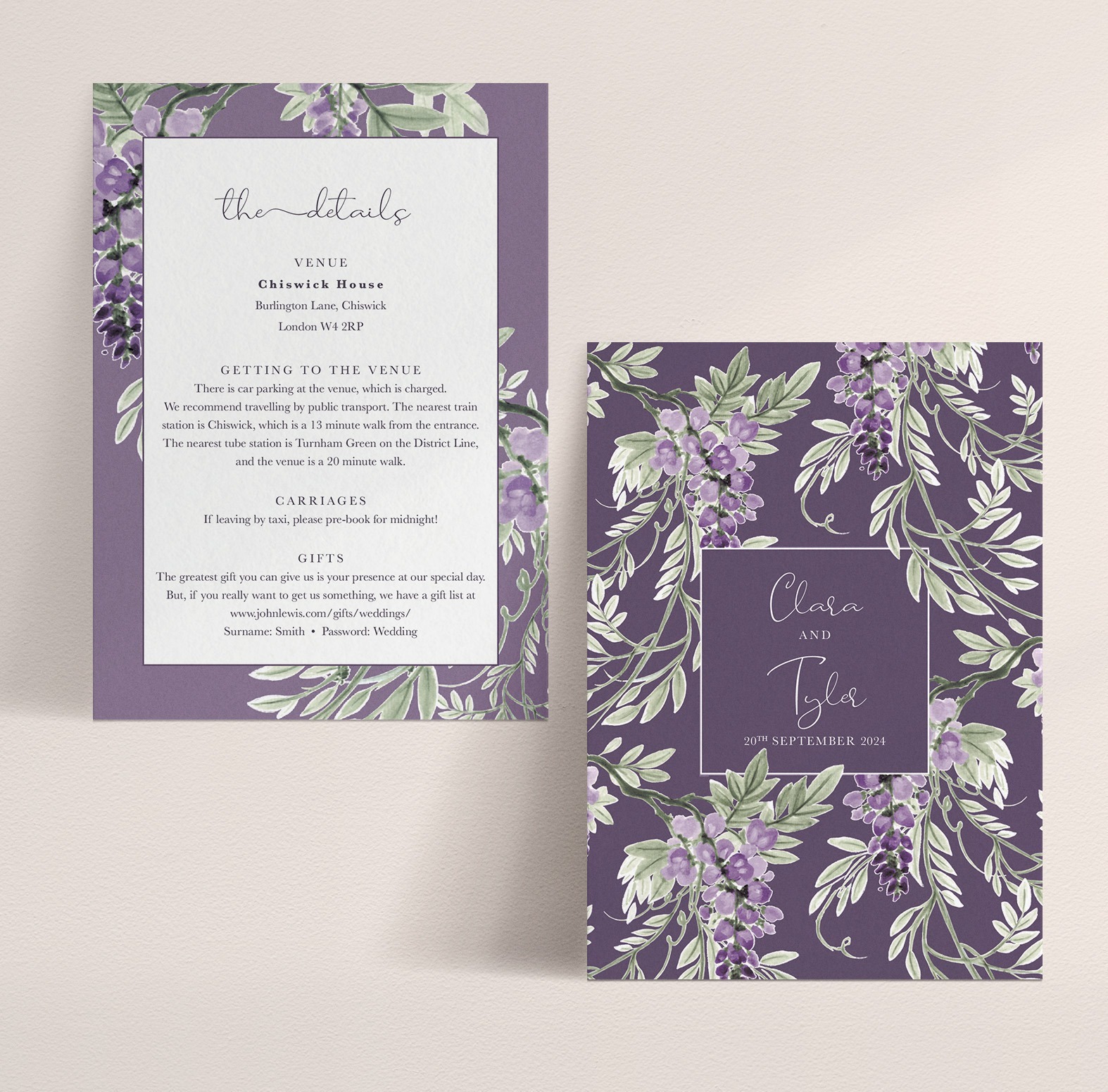 Wisteria Falls A6 Wedding Information Card in Lilac & Plum - With Badge - Darker Plum