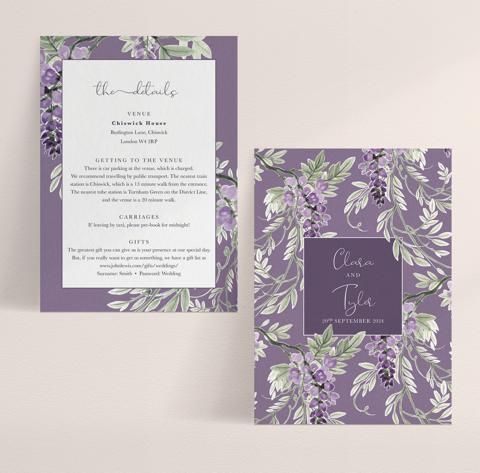 Wisteria Falls A6 Wedding Information Card in Lilac & Plum - With Badge - Dusky Lilac