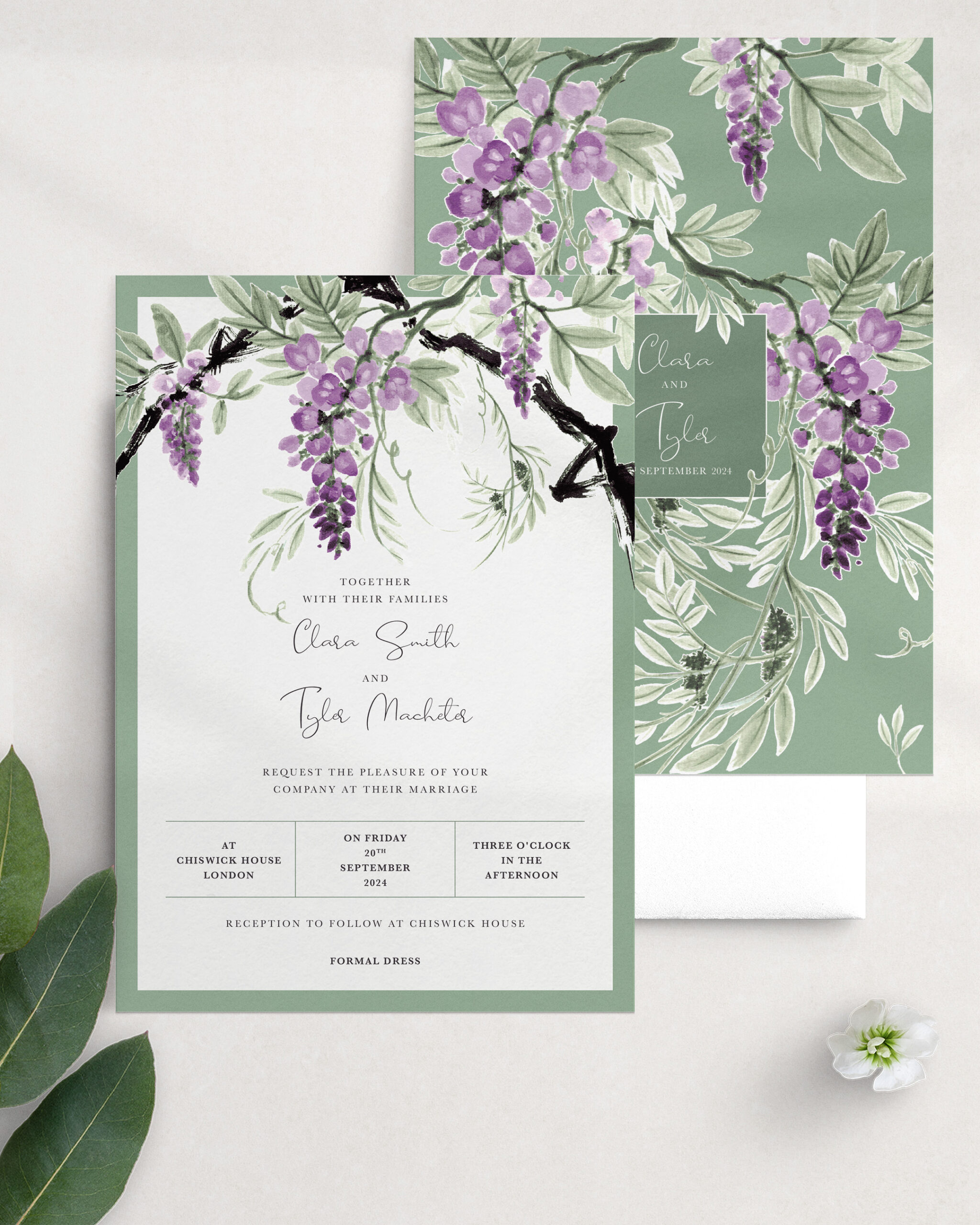 Wisteria Falls Wedding Invitation - Garden Green - Tumbling Wisteria Reverse