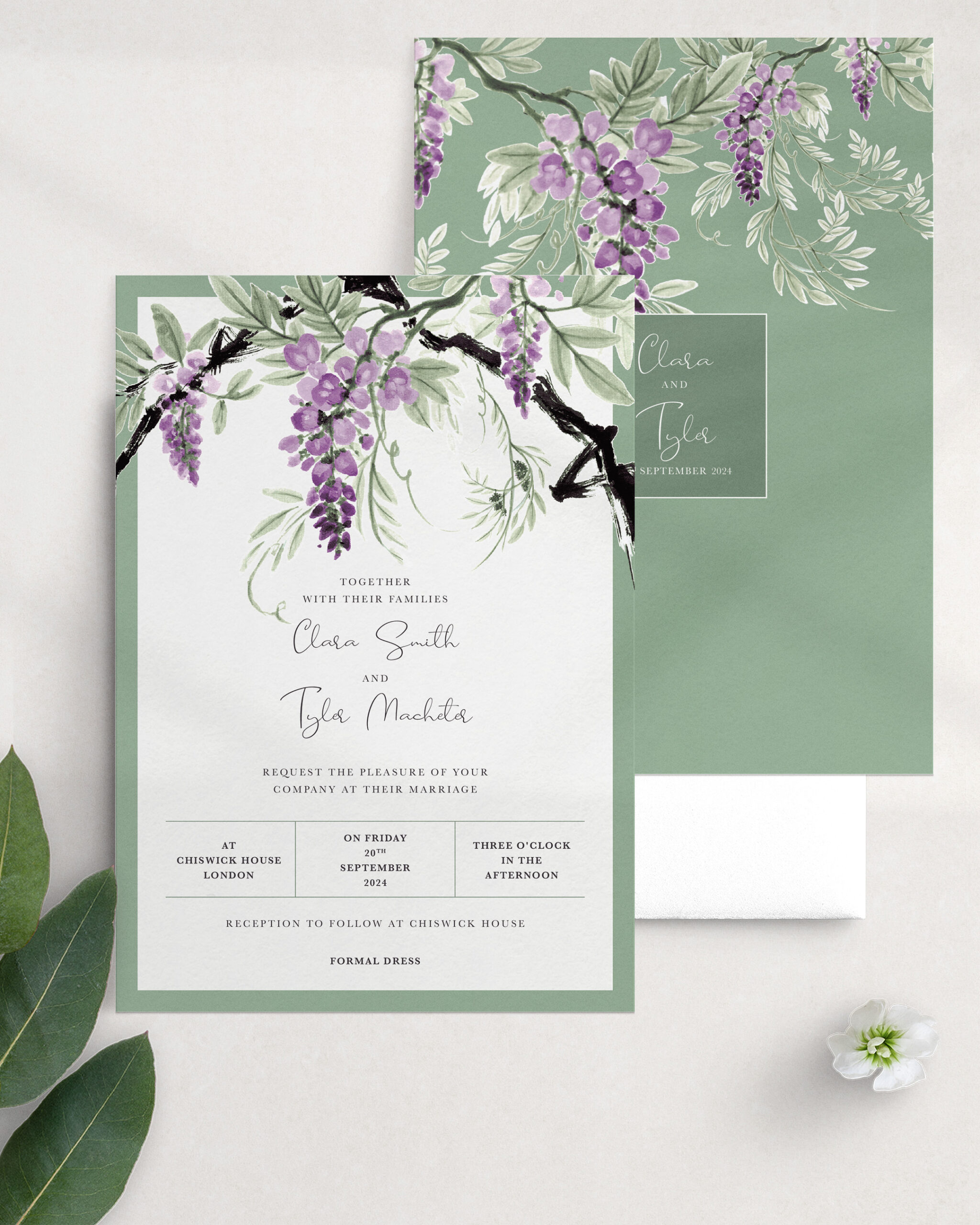 Wisteria Falls Wedding Invitation - Garden Green - Wisteria Bower Reverse