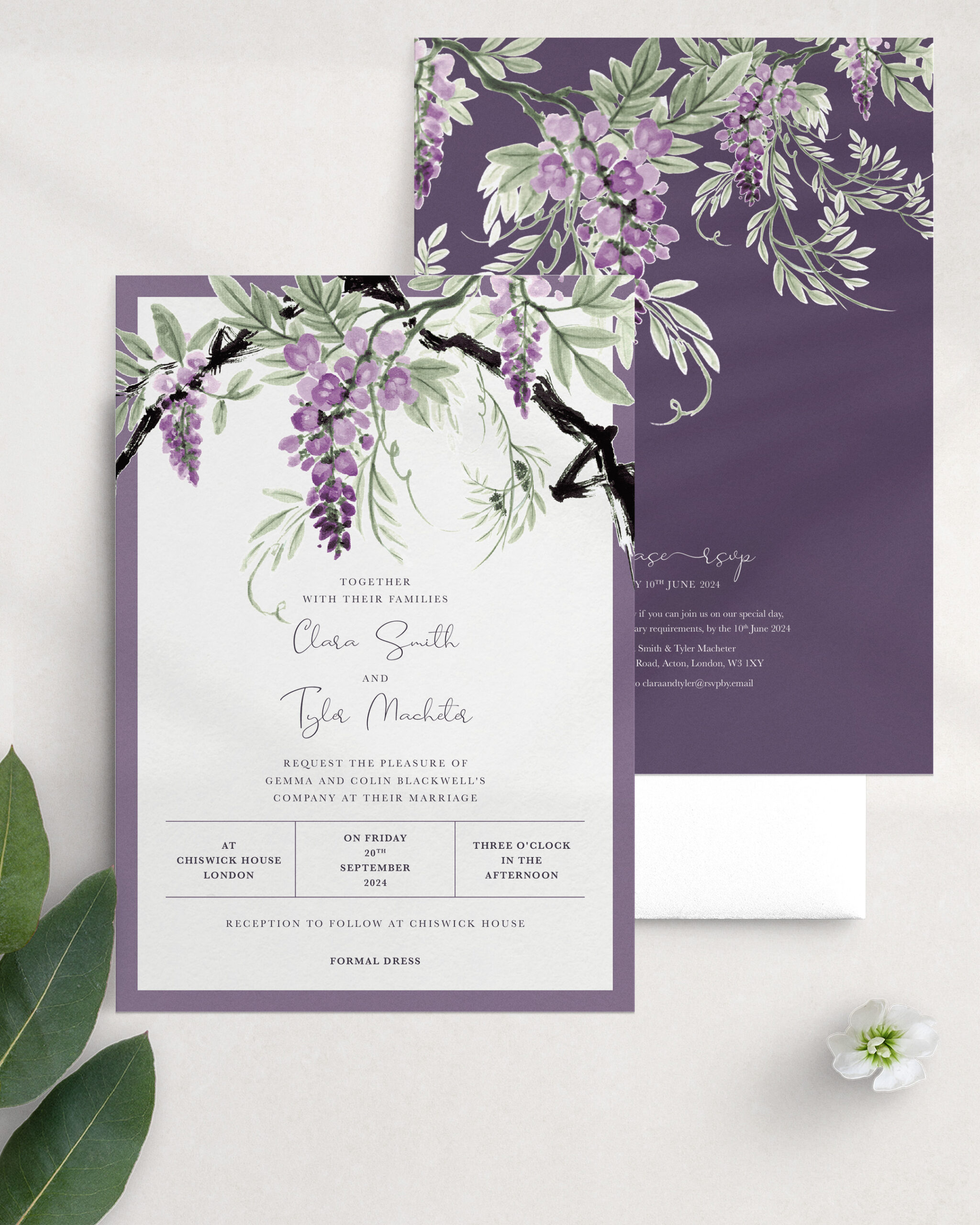 Lilac-Plum - Wisteria Falls Wedding Invitation Wisteria Bowers Reverse with RSVP