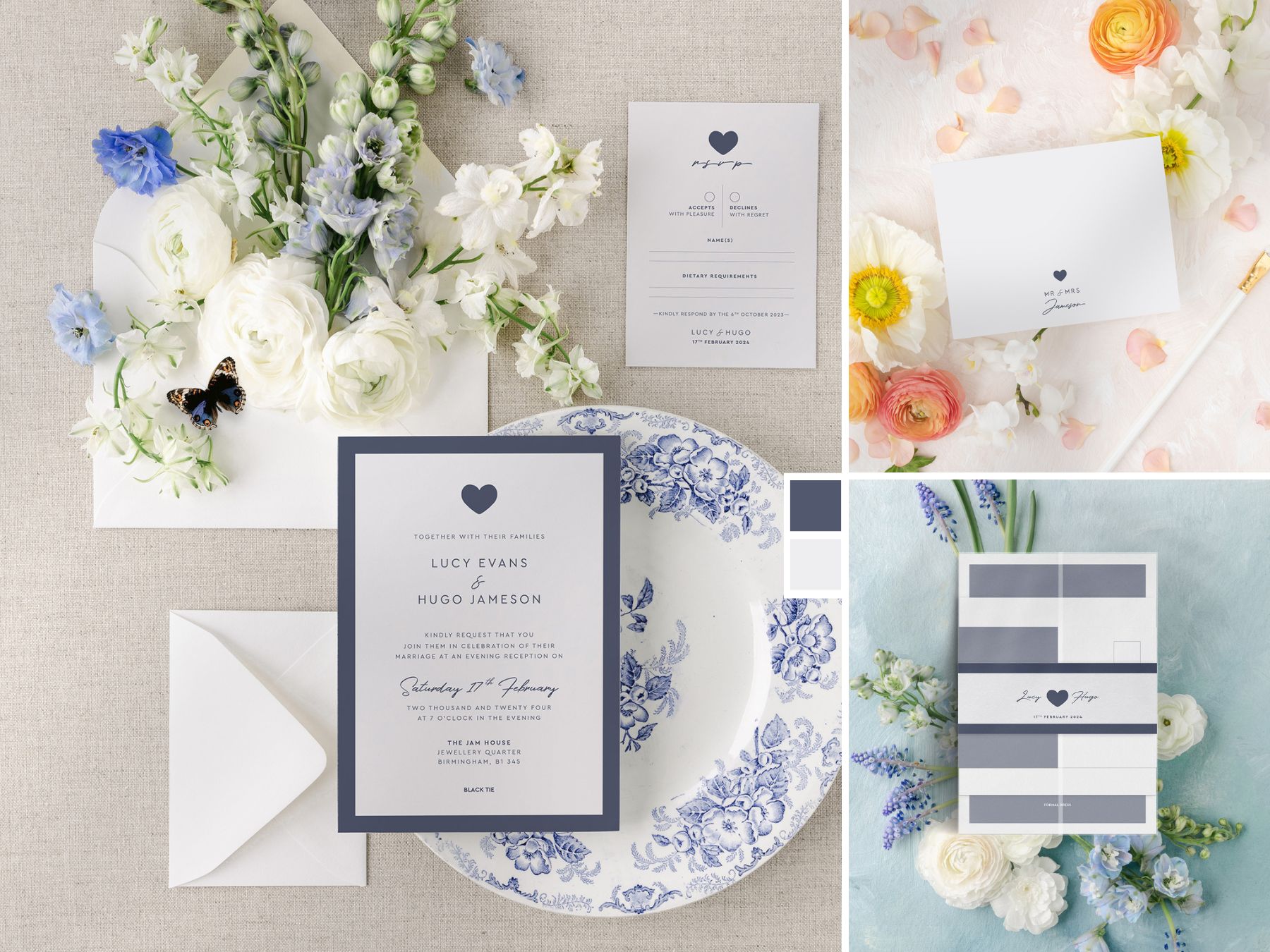 Modern Romance Wedding Stationery Collection in Smart Blue